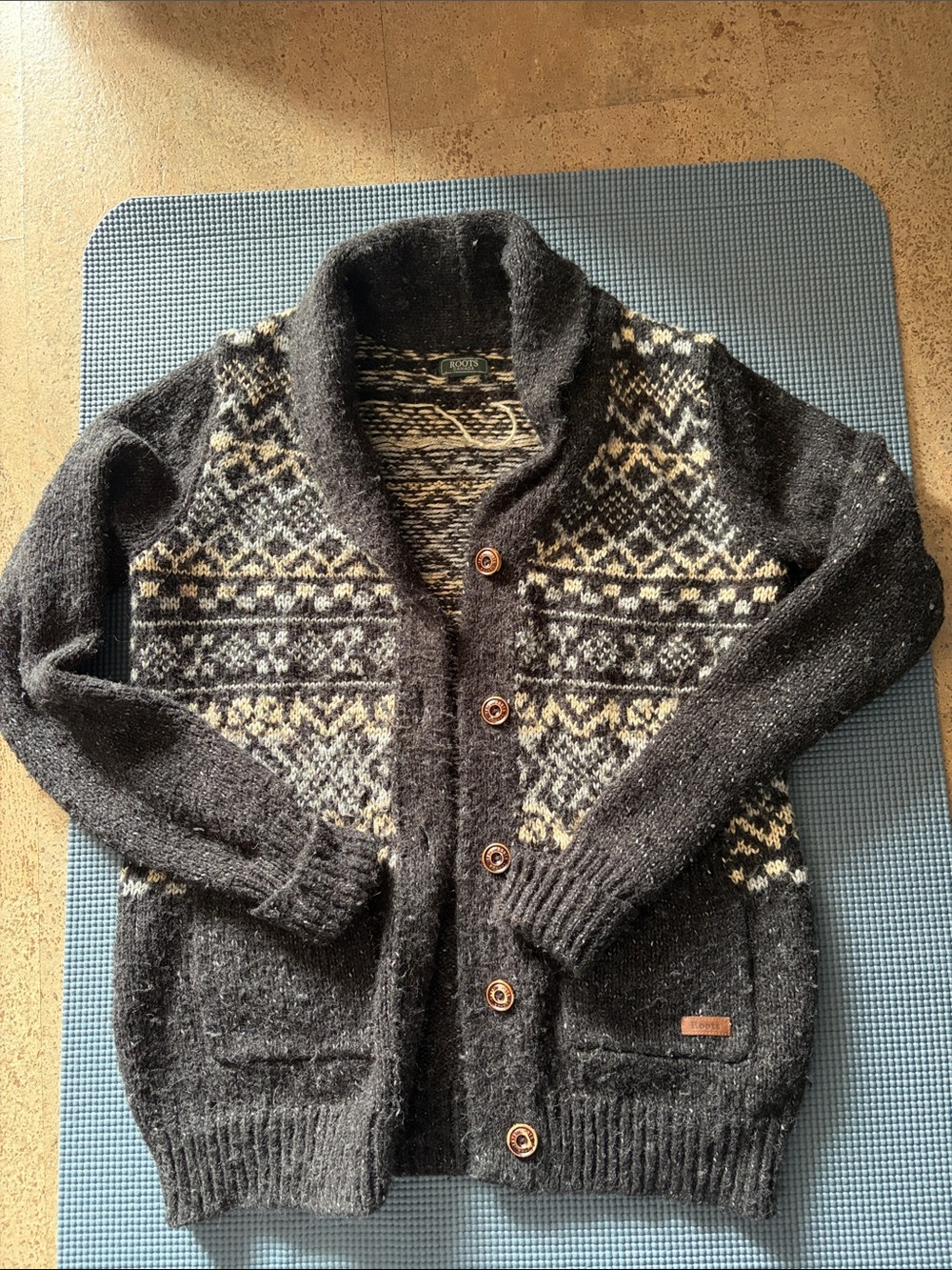 Roots Black and Cream Shawl Collar Fair Isle Cardigan